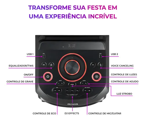 ⚡ últimas unidades | Torre de Som AIWA RGB T2W-02 2300W Woofers 10 Bluetooth - 7